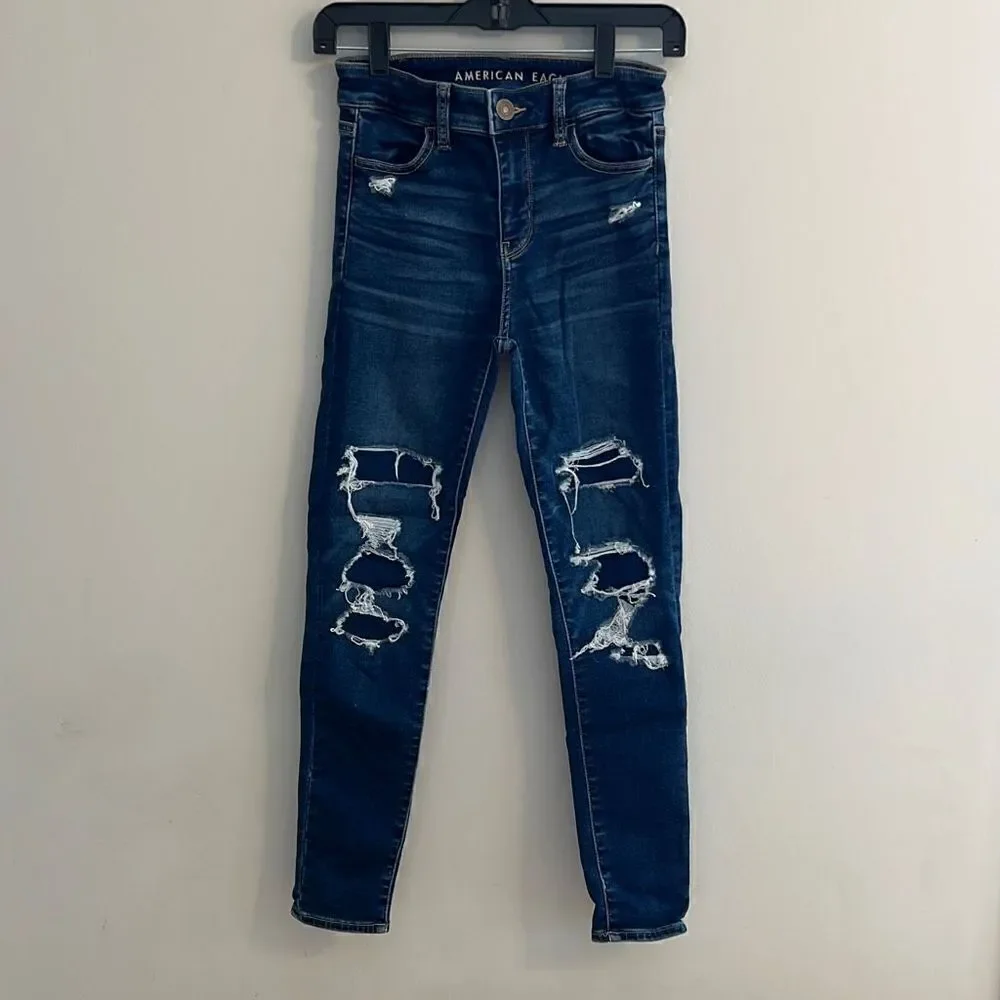 American Eagle Next Level Stretch Jeans Hi-Rise Jegging Dark Destroyed, 0 Short
